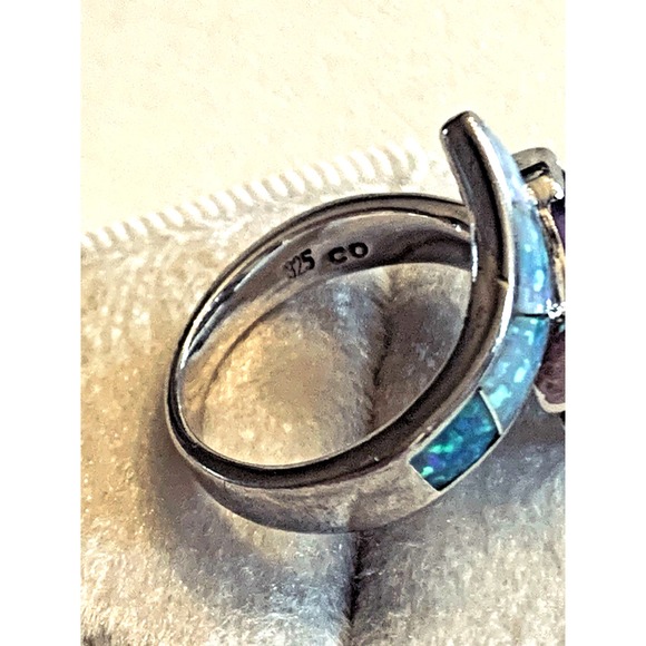 925 Silver Synthetic Blue Opal & Amethyst Ring ~ Signed CO ~ Size 6 - Picture 5 of 6